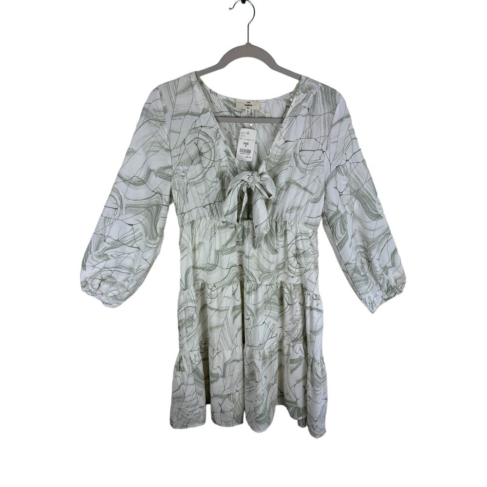 Entro NWT Sage Green Cream 3/4 Balloon Sleeve Tiered Ruffled Above Knee Dress S